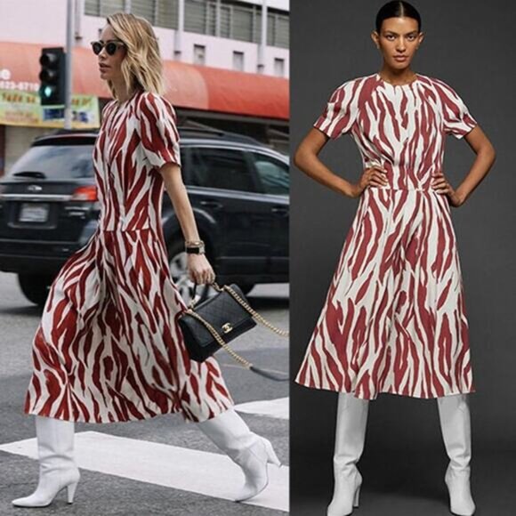 NWT Anine Bing Dahlia Zebra Drop Waist Pleated Skirt Red and Cream Midi Dress - Picture 1 of 9